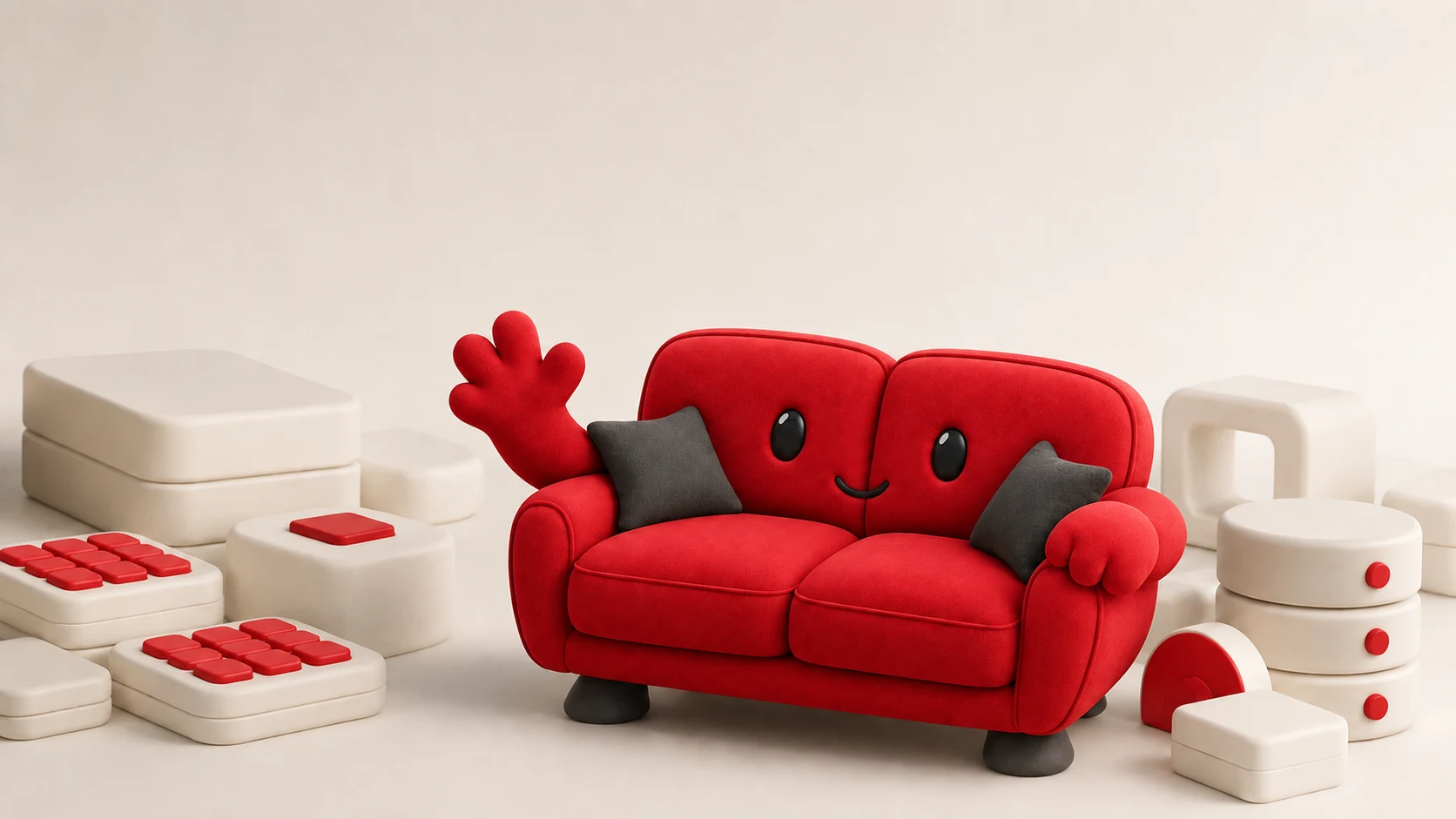The red CouchSet couch mascot waving among neatly arranged data blocks.